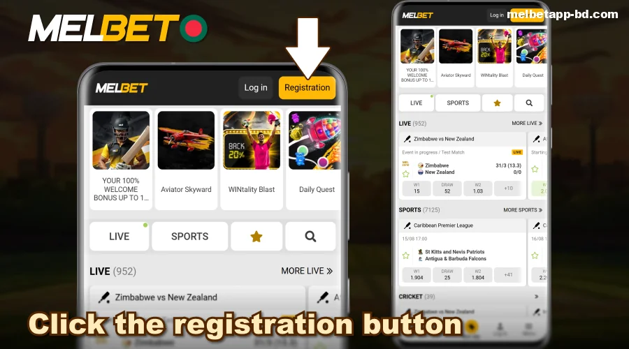 Click the registration button on the Melbet app